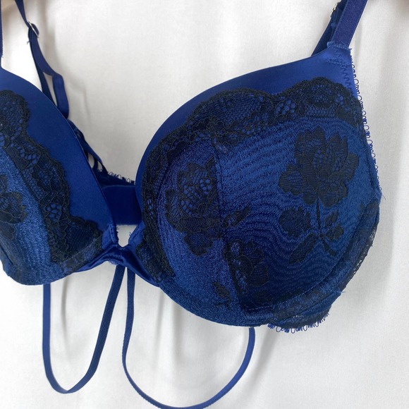 Victoria's Secret Very Sexy Push Up Bra Blue Black Lace Strappy Underwire 32D - Picture 3 of 8